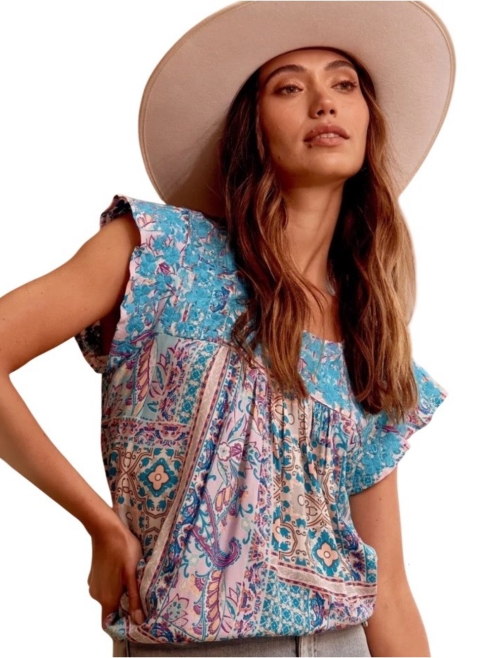 Savanna Jane Turquoise Paisley Smocked Yoke Flutter Sleeve Top NWOT